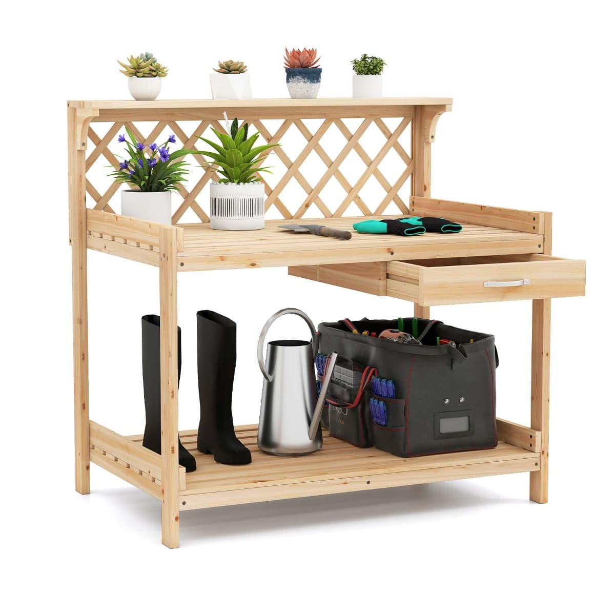CostwayTable de Rempotage de Jardin Poste de Travail en Bois de Sapin avec Treillis à Claire-voie Tiroir Amovible Étagère Ouverte Naturel